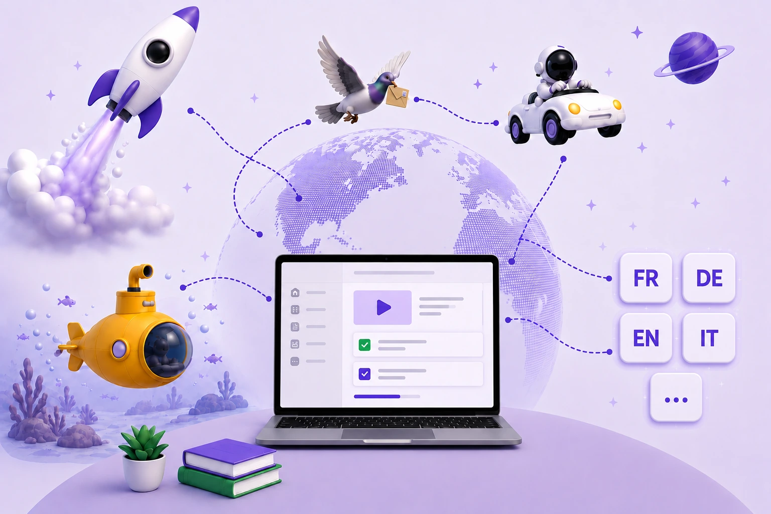 Une formation mScriba suivie depuis partout : un ordinateur portable devant un globe terrestre, relié par des chemins pointillés à une fusée, un sous-marin, un pigeon voyageur, un astronaute en voiture et une planète, avec les pastilles de langue FR, DE, EN et IT sur la droite, suivies d’une pastille de suite.