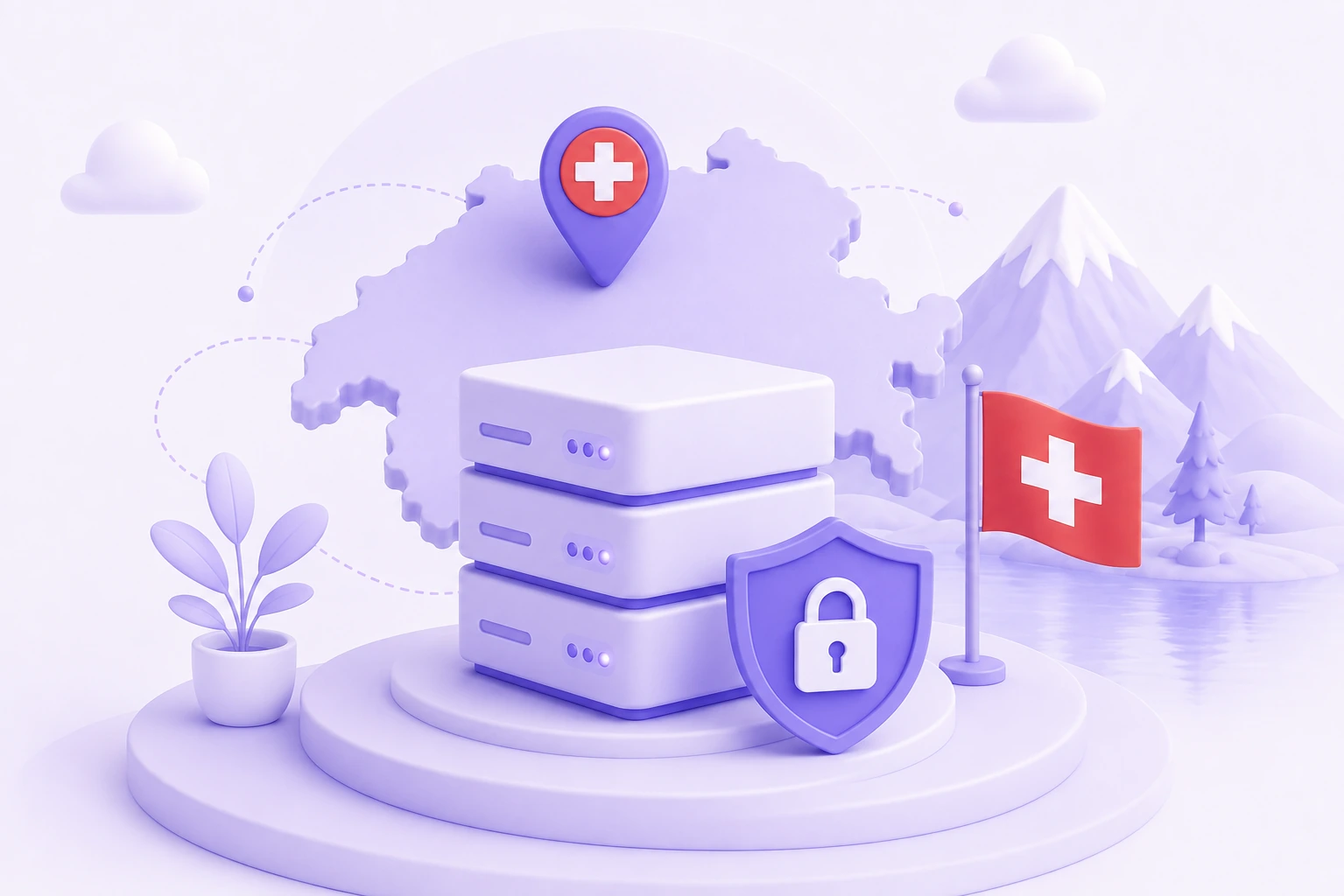 Une baie de serveurs posée sur la carte de la Suisse, un repère à croix blanche planté dessus, un bouclier cadenassé devant et le drapeau suisse devant les montagnes.